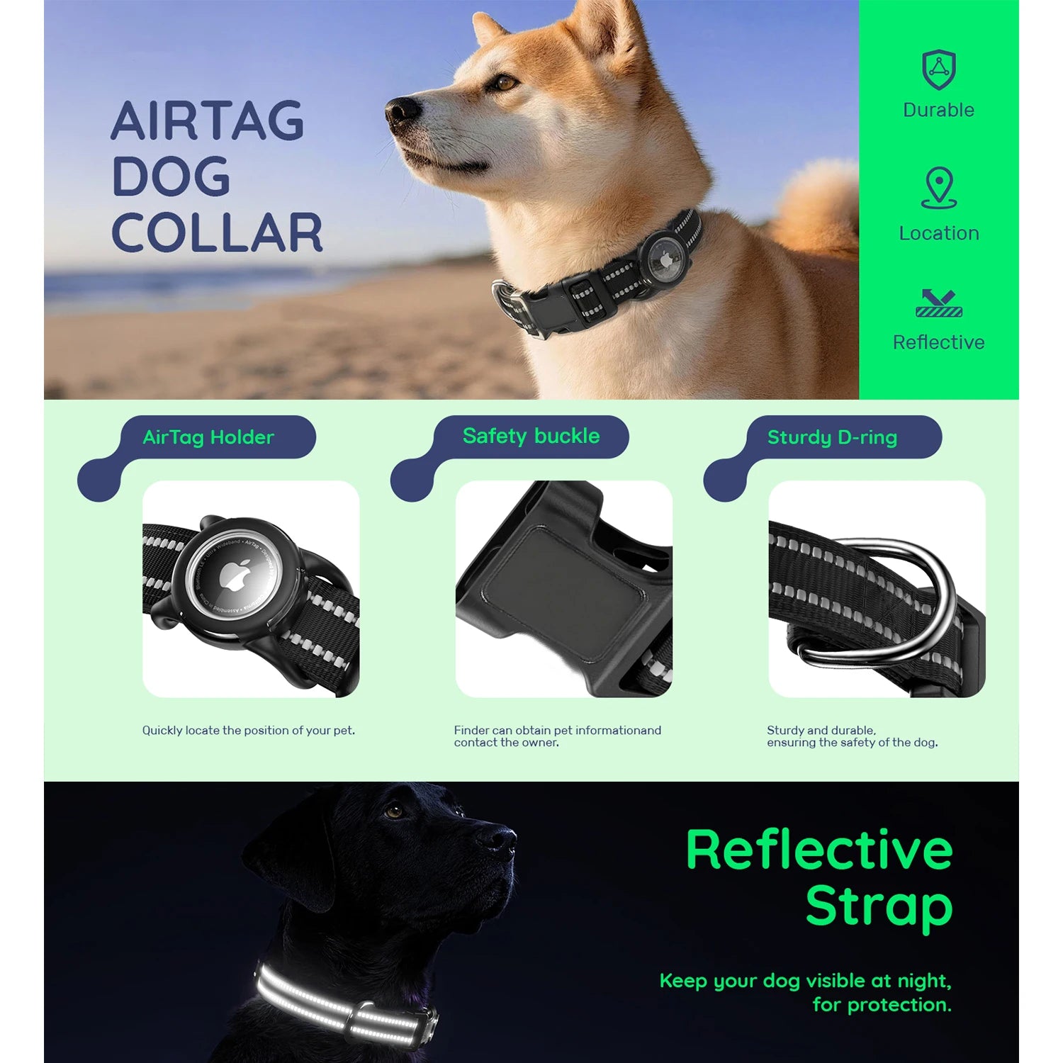 Waterproof Air Tag Dog Collar with AirTag Holder, Reflective Soft Padded & Safety Buckle, AirTag Pet Collar Adjustable for Dogs